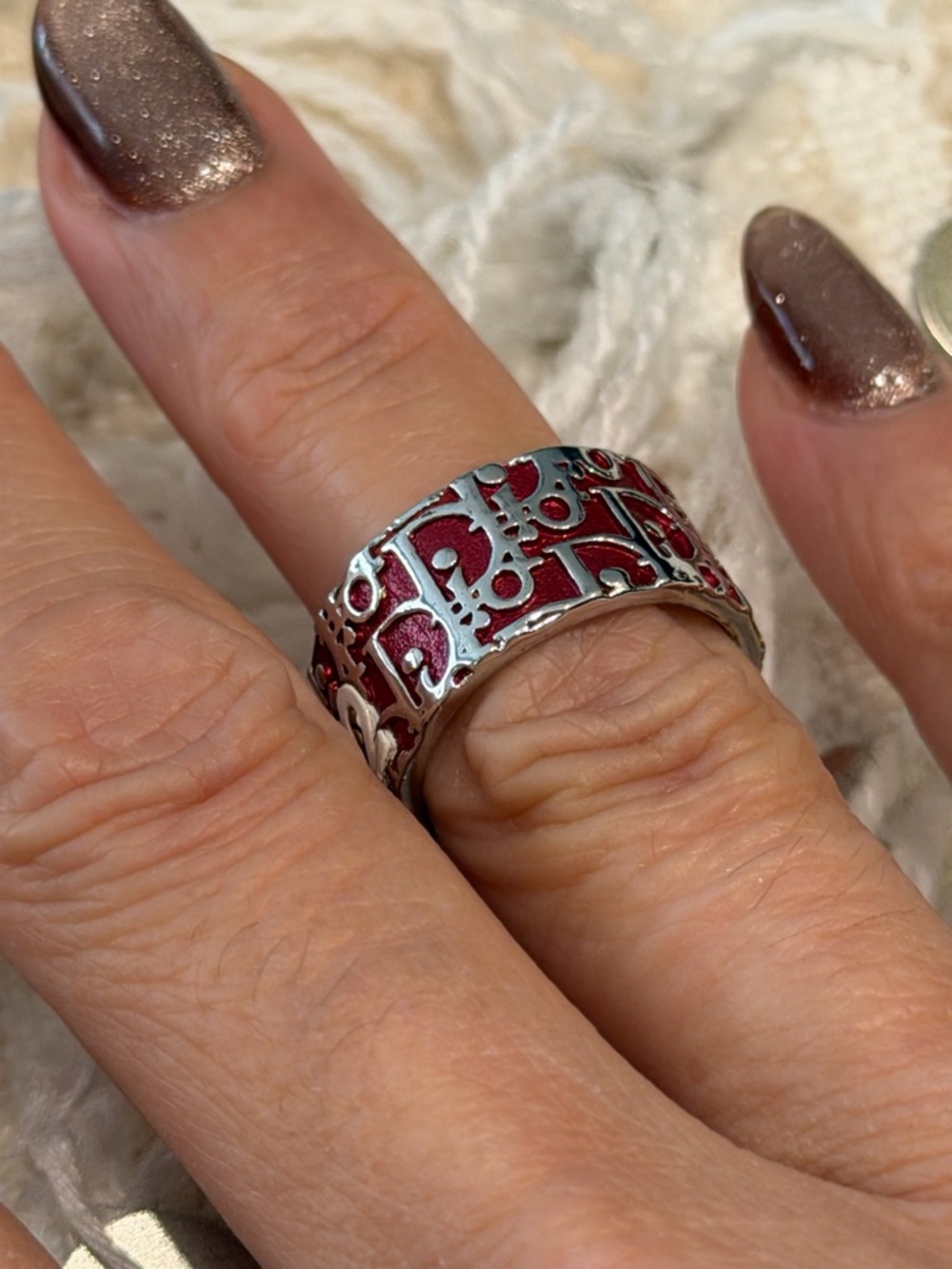 Dior vintage Silver and Red Patterned Women's Statement Ring cuff ring 6 - Picture 9 of 11